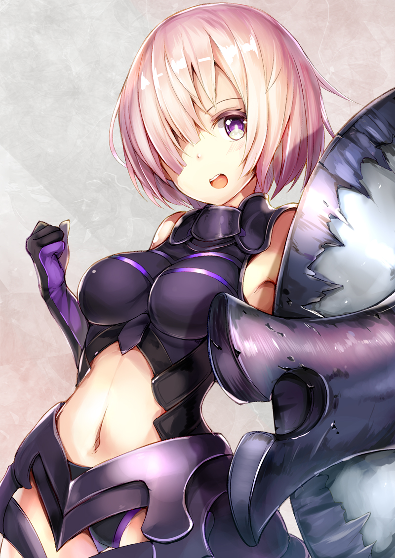 1girl armor bare_shoulders black_armor black_gloves breastplate closed_mouth clouds cloudy_sky commentary_request elbow_gloves eyebrows_visible_through_hair eyes_visible_through_hair fate/grand_order fate_(series) gloves grass hair_over_one_eye highres holding holding_shield holding_weapon light_purple_hair looking_at_viewer mash_kyrielight mountain out_of_frame outdoors pov purple_eyes purple_gloves shield shielder_(fate/grand_order) short_hair two-tone_gloves umagenzin weapon