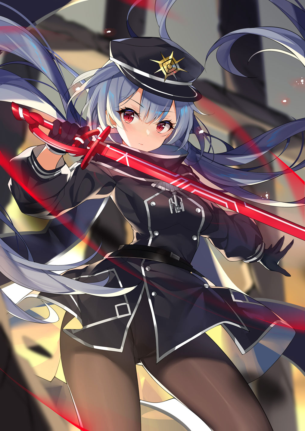 1girl absurdres bangs black_cape black_headwear black_jacket black_scarf blush boots cape closed_mouth crossed_legs duel_monster eyebrows_visible_through_hair glowing grey_hair hair_between_eyes hat highres jacket kikistark long_hair looking_at_viewer low_twintails peaked_cap pelt red_eyes scarf silver_hair sky_striker_ace_-_roze solo twintails two-tone_background two-tone_dress upper_body yu-gi-oh! yuu-gi-ou