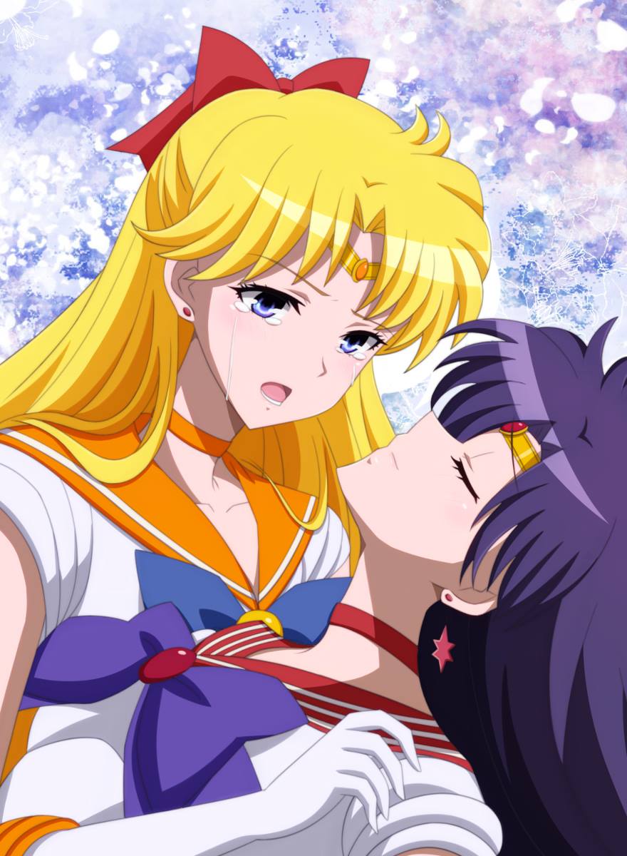 2girls aino_minako bishoujo_senshi_sailor_moon black_hair blonde_hair blue_eyes bow choker circlet earrings elbow_gloves gloves hair_bow halloween hino_rei inner_senshi jewelry kumax5 long_hair miniskirt multiple_girls orange_skirt outstretched_hand pleated_skirt red_skirt sailor_collar sailor_mars sailor_senshi sailor_venus skirt white_background white_gloves yuri