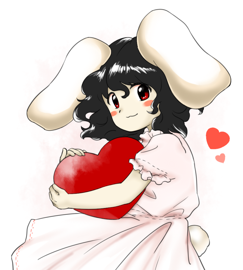1girl animal_ears arms_up bangs black_hair blush closed_mouth dress from_side hair_between_eyes hands_up heart hug inaba_tewi looking_at_viewer nonamejd_(user44086716) pink_dress puffy_short_sleeves puffy_sleeves rabbit_ears rabbit_tail red_eyes red_heart short_hair short_sleeves simple_background smile solo tail touhou white_background zun_(style)