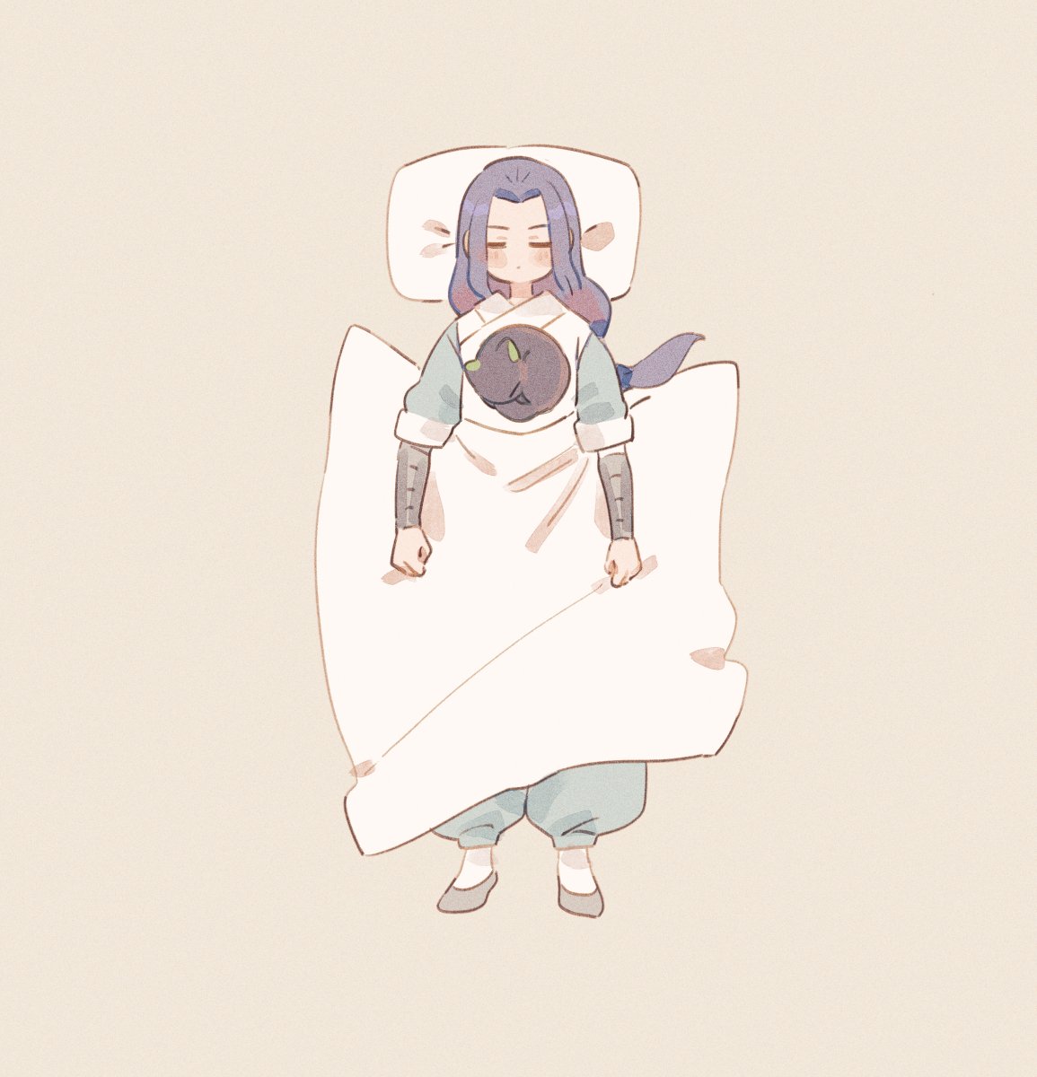2boys black_cat black_hair blanket blush cat closed_eyes from_above highres long_hair luoxiaohei miya_(ete) multiple_boys no_nose pillow short_sleeves simple_background sleeping tan_background the_legend_of_luo_xiaohei wuxian_(the_legend_of_luoxiaohei)