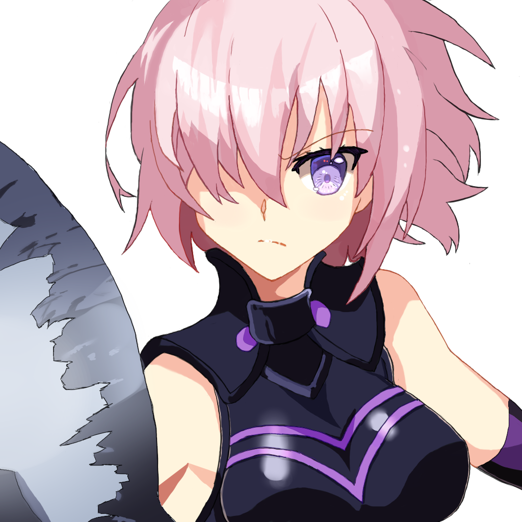 1girl armor bare_shoulders black_armor black_gloves breastplate closed_mouth clouds cloudy_sky commentary_request elbow_gloves eyebrows_visible_through_hair eyes_visible_through_hair fate/grand_order fate_(series) gloves grass hair_over_one_eye highres holding holding_shield holding_weapon light_purple_hair looking_at_viewer mash_kyrielight mountain out_of_frame outdoors pov purple_gloves shield shielder_(fate/grand_order) short_hair two-tone_gloves violet_eyes weapon xue_xiao_xiao