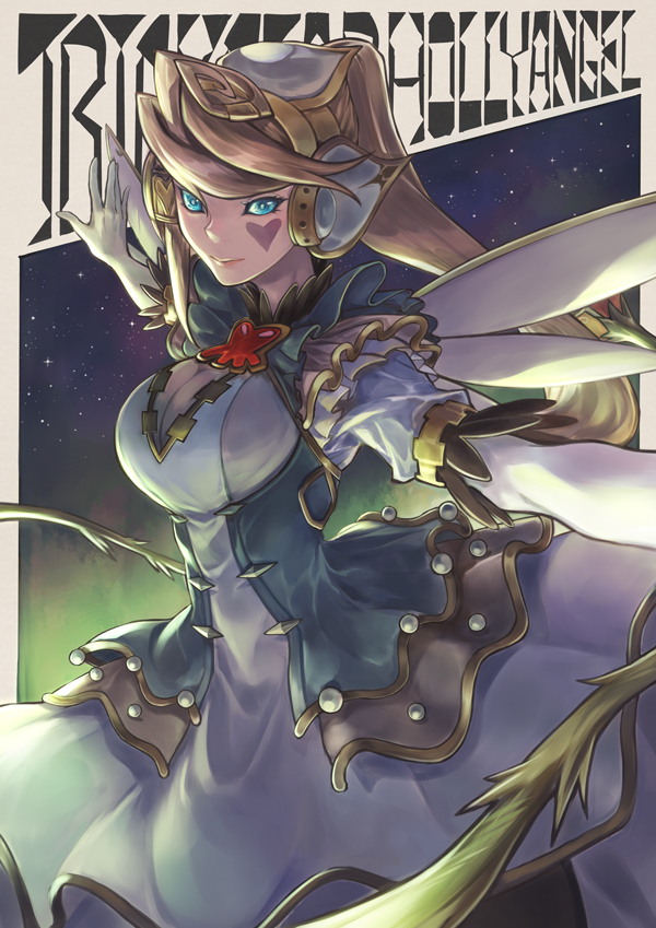 1girl blonde_hair blue_dress blue_eyes breasts cleavage cleavage_cutout dress duel_monster elbow_gloves facial_mark gloves hair_ornament heart highres long_hair looking_at_viewer puffy_short_sleeves puffy_sleeves ryojiirise short_sleeves smile solo trickstar_holy_angel upper_body very_long_hair white_gloves wings yu-gi-oh! yu-gi-oh!_vrains yuu-gi-ou yuu-gi-ou_vrains