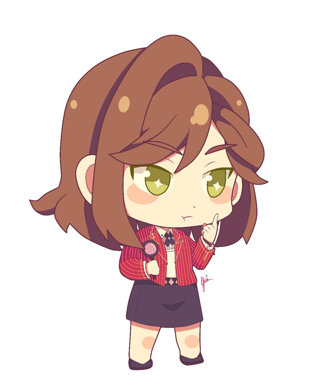 1girl bangs black_skirt blush_stickers brown_hair chibi full_body green_eyes hair_between_eyes highres holding holding_magnifying_glass index_finger_raised jacket long_hair long_sleeves magnifying_glass polo_shirt red_jacket rosa_(tears_of_themis) shirt simple_background skirt solo tears_of_themis tsukiko12099 white_background white_shirt