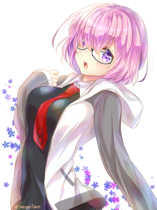 1girl bangs bare_shoulders black-framed_eyewear black_dress blush breast_pocket breasts collar collared_dress dress fate/grand_order fate_(series) glasses grey_jacket hair_behind_ear hair_over_one_eye jacket mash_kyrielight medium_breasts necktie penguripen pink_hair pleated_dress pocket red_neckwear short_hair sleeveless sleeveless_dress solo undressing violet_eyes wet wet_clothes wet_dress wet_hair wet_jacket white_background white_collar wing_collar