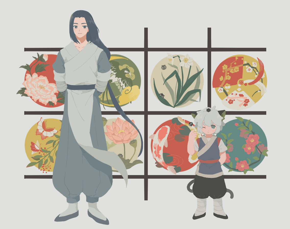 animal_ears black_hair black_pants bug butterfly cat_boy cat_ears cat_tail fish flower grey_pants leaf long_hair luoxiaohei pants pink_flower plant short_sleeves sirakaro tail the_legend_of_luo_xiaohei very_long_hair white_flower wuxian_(the_legend_of_luoxiaohei)