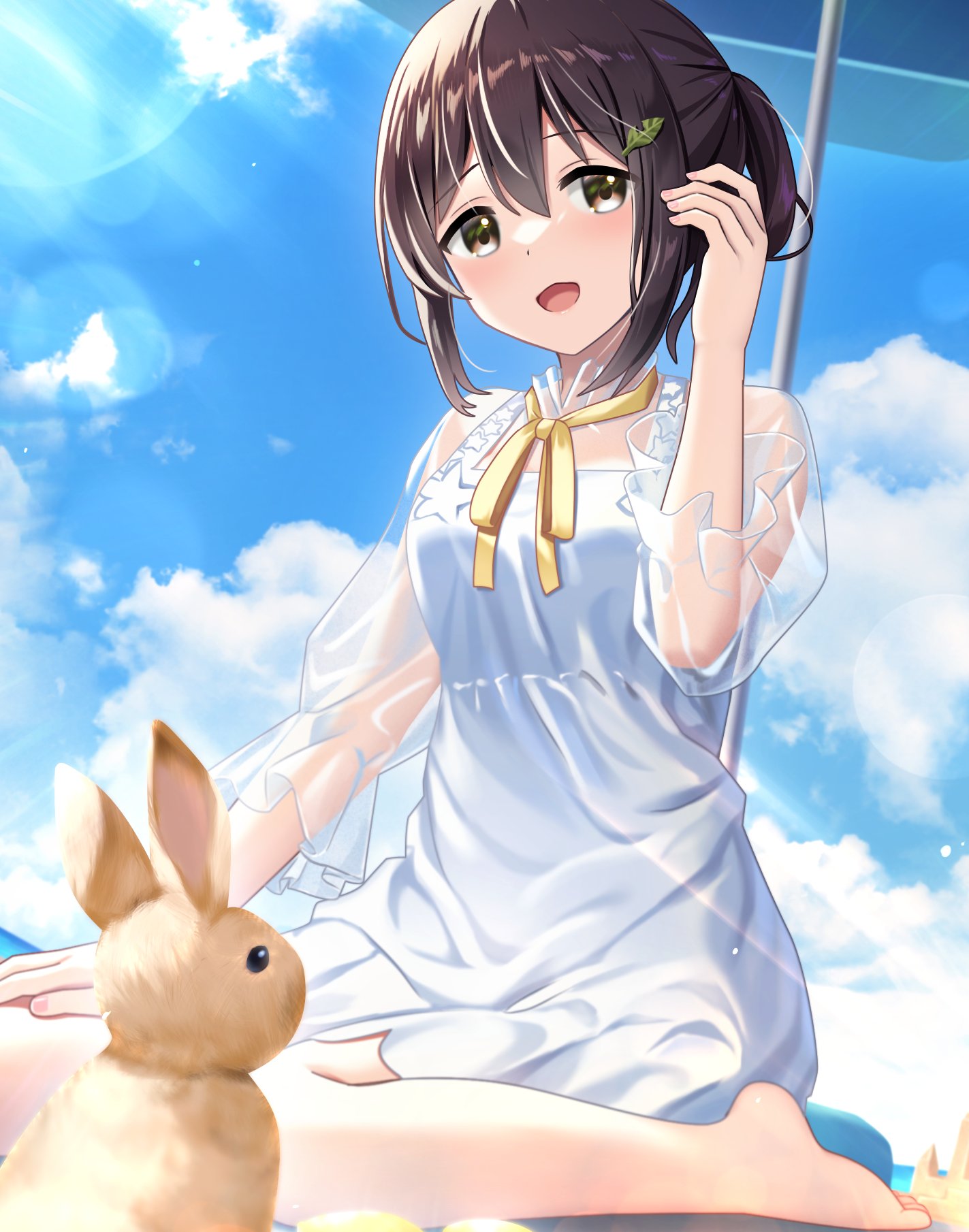 1girl :d bangs beach black_hair blue_sky brown_eyes clouds commentary_request day dress eyebrows_visible_through_hair hair_between_eyes hair_ornament highres leaf_hair_ornament lens_flare looking_at_viewer open_mouth original outdoors rabbit sand_sculpture see-through_sleeves shimofuri_takenoko sidelocks sitting sky smile solo sunlight wariza white_dress