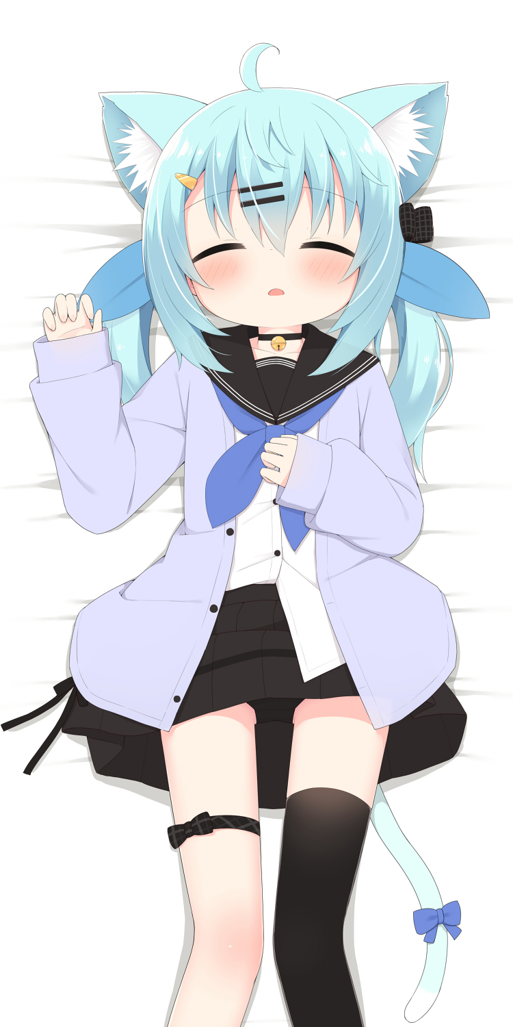 1girl ahoge animal_ear_fluff animal_ears ayanepuna bangs bed_sheet black_legwear black_sailor_collar black_skirt blue_bow blue_hair blue_neckwear blue_ribbon blush bow cardigan cat_ears cat_girl cat_tail closed_eyes commentary commission english_commentary eyebrows_visible_through_hair facing_viewer feet_out_of_frame hair_between_eyes hair_ornament hair_ribbon hairclip highres long_hair long_sleeves lying neckerchief on_back open_cardigan open_clothes original parted_lips pleated_skirt puffy_long_sleeves puffy_sleeves purple_cardigan ribbon sailor_collar shirt single_thighhigh skirt sleeves_past_wrists solo tail tail_bow tail_ornament thigh-highs twintails white_shirt