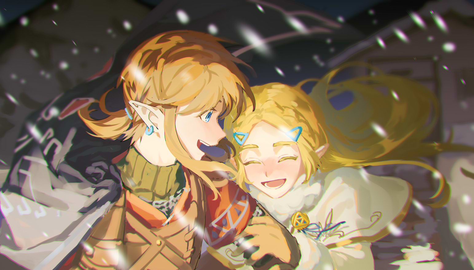 1boy 1girl blonde_hair blue_eyes coat earrings hug jewelry laughing link looking_at_another pointy_ears princess_zelda snow the_legend_of_zelda the_legend_of_zelda:_breath_of_the_wild werlosk white_coat