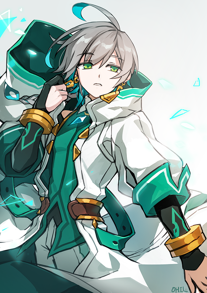 1boy ainchase_ishmael commentary earrings elsword english_commentary expressionless eyebrows_visible_through_hair green_eyes grey_hair hair_between_eyes jewelry looking_at_viewer necklace ohil_(ohil822) solo teeth