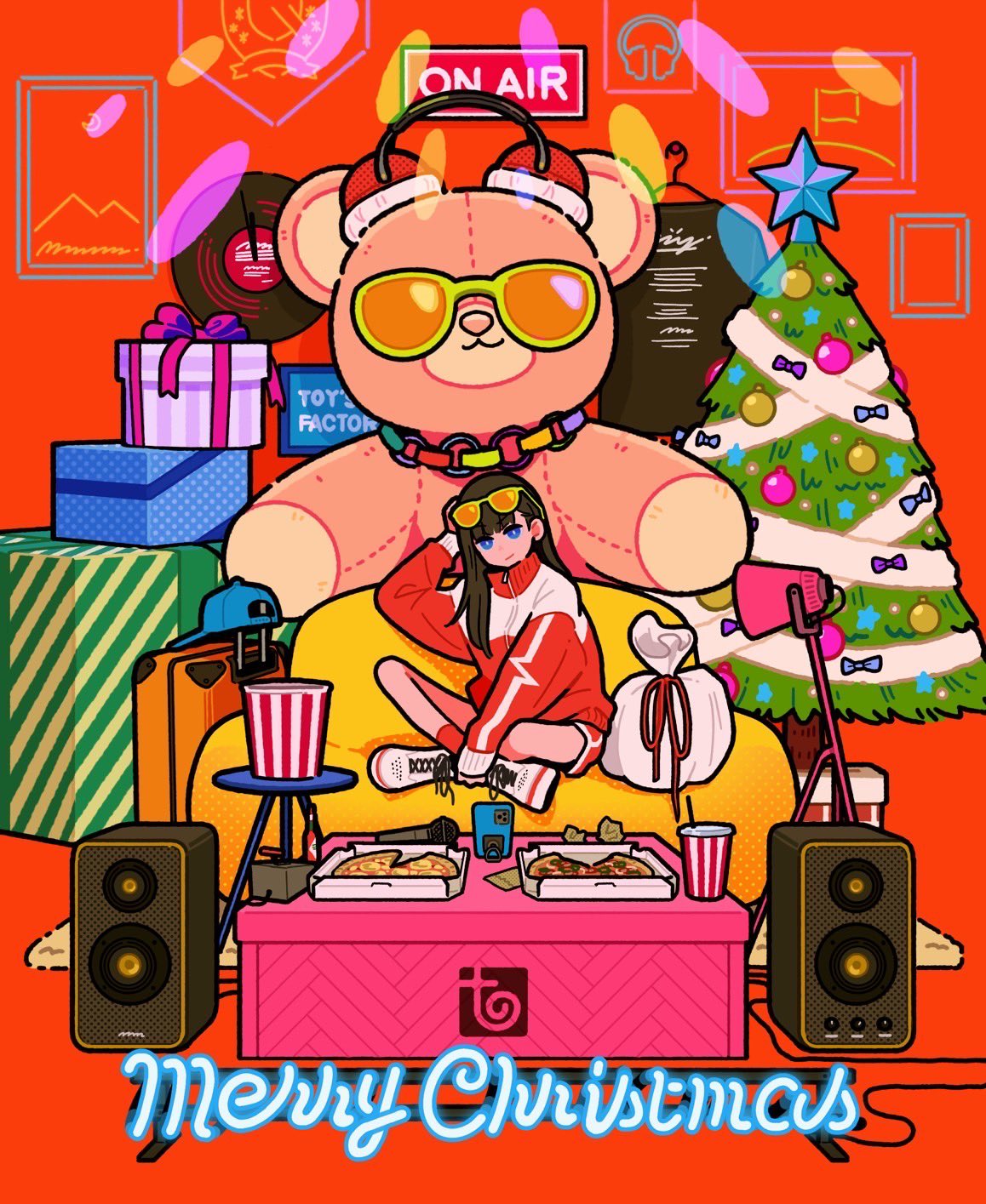 1girl amplifier black_hair blue_eyes box christmas_tree commentary_request english_commentary eyewear_on_head gift gift_box highres long_hair looking_at_viewer merry_christmas mixed-language_commentary orange-tinted_eyewear original red_shorts second-party_source shoes shorts solo stuffed_animal stuffed_toy teddy_bear tinted_eyewear white_footwear wide_shot yoshi_mi_yoshi