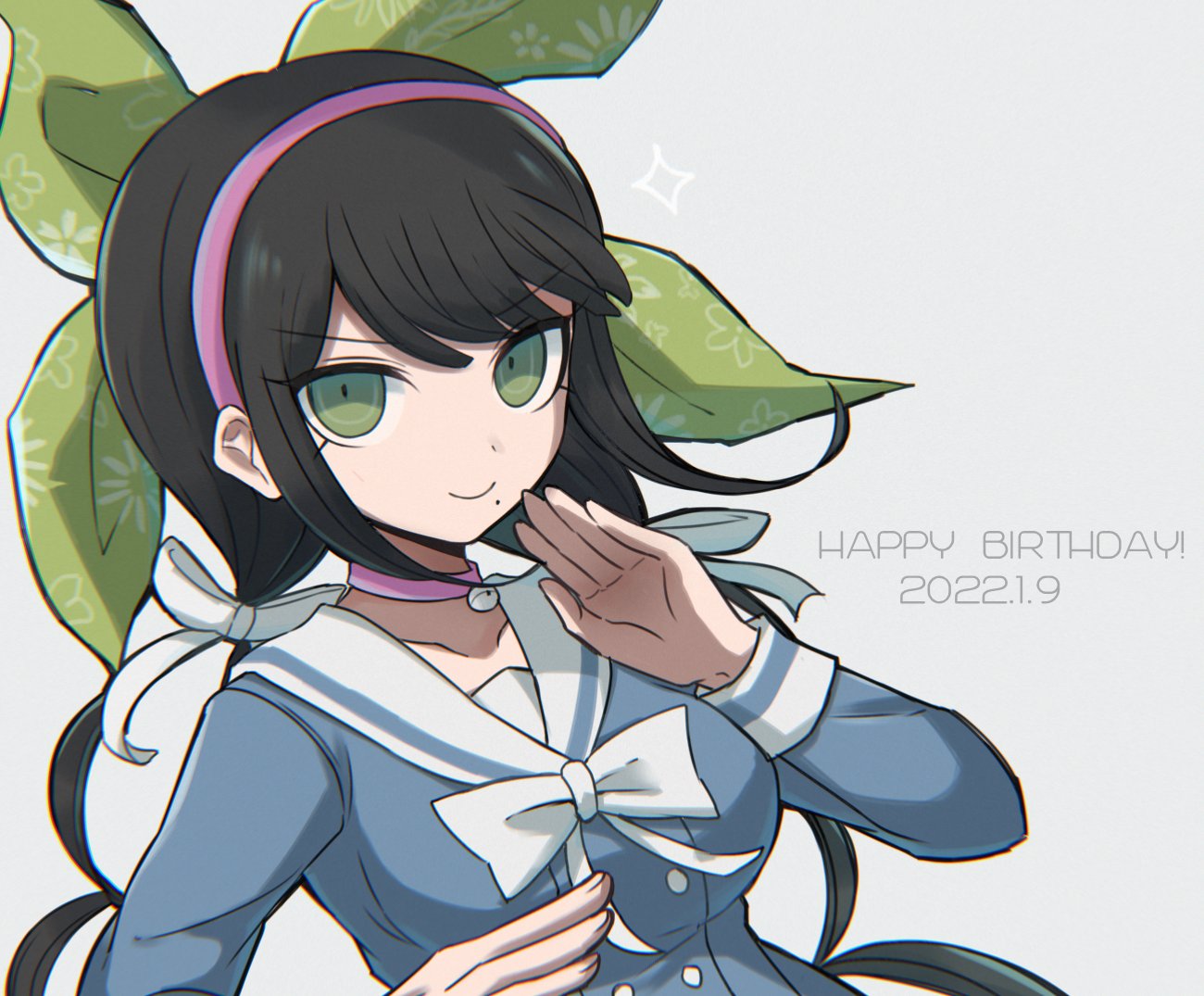 1girl 8takenokonosato8 bangs black_hair breasts chabashira_tenko choker collarbone danganronpa_(series) danganronpa_v3:_killing_harmony dated green_eyes green_hairband grey_background hair_ornament hair_ribbon hairband hand_up happy_birthday long_hair long_sleeves looking_at_viewer medium_breasts mole mole_under_mouth pink_choker ribbon school_uniform simple_background skirt smile twintails upper_body white_ribbon