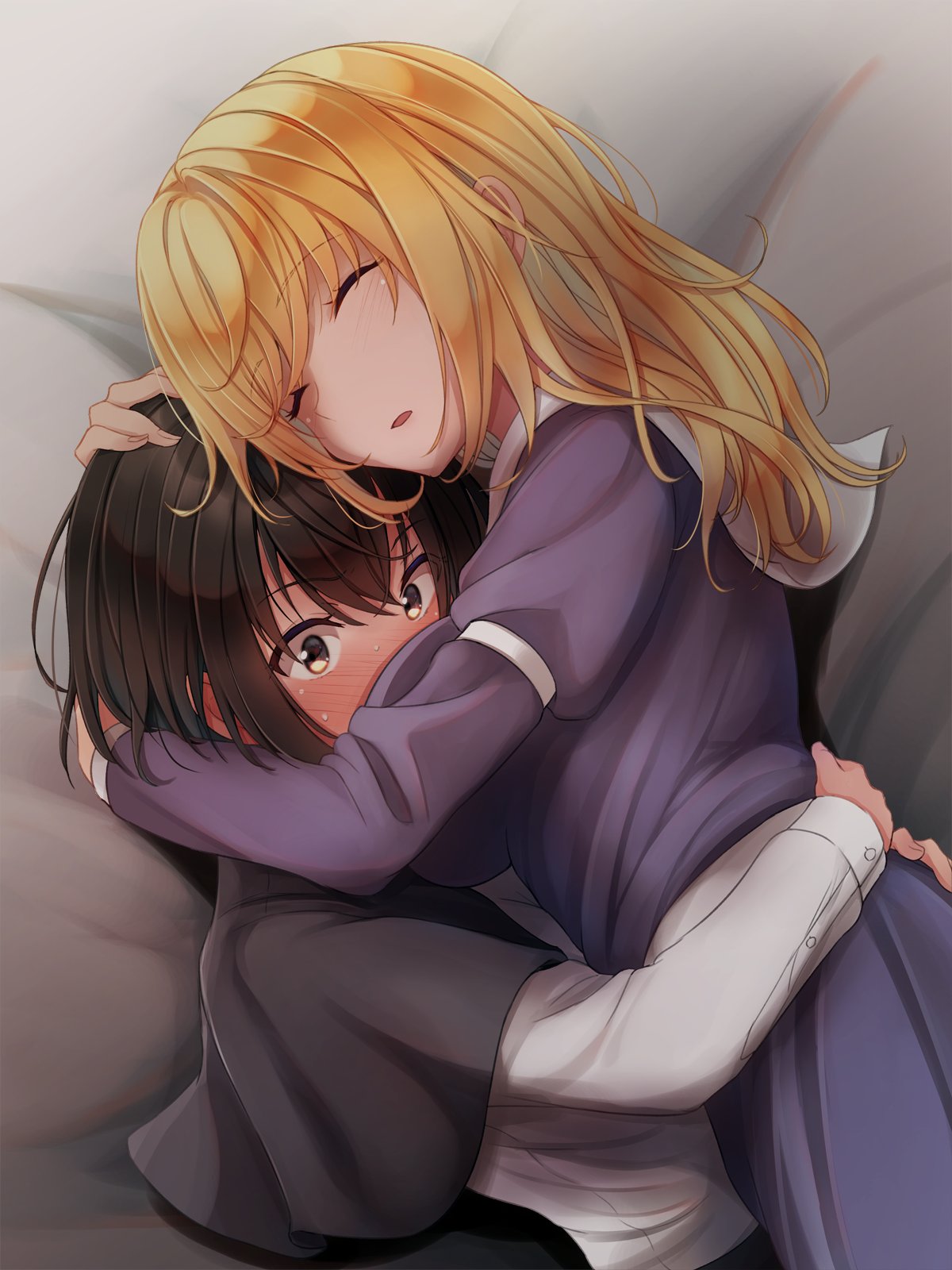2girls arm_garter arms_around_waist bangs between_breasts black_capelet black_hair blonde_hair blush breast_smother breasts brown_eyes buttons capelet closed_eyes commentary_request dress ear_blush eyelashes face_between_breasts face_to_breasts fingernails full-face_blush fumei_(mugendai) hair_between_eyes hand_on_another's_head head_between_breasts highres hug large_breasts long_hair lying maribel_hearn multiple_girls on_side open_mouth parted_lips purple_dress red_ribbon ribbon ribbon-trimmed_sleeves ribbon_trim short_hair short_sleeves sidelocks sleeping sweatdrop swept_bangs touhou usami_renko yuri