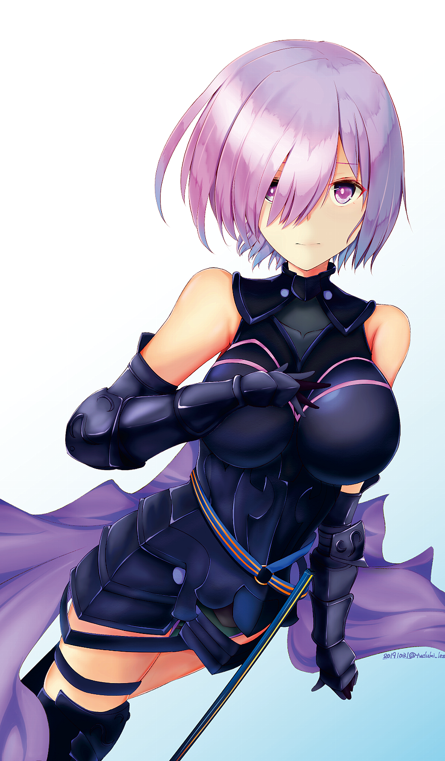 1girl armor bare_shoulders black_armor black_gloves breastplate closed_mouth clouds cloudy_sky commentary_request elbow_gloves eyebrows_visible_through_hair eyes_visible_through_hair fate/grand_order fate_(series) gloves grass hair_over_one_eye highres holding holding_shield holding_weapon light_purple_hair looking_at_viewer mash_kyrielight mountain out_of_frame outdoors pov purple_gloves shield shielder_(fate/grand_order) short_hair tuduki_les two-tone_gloves violet_eyes weapon