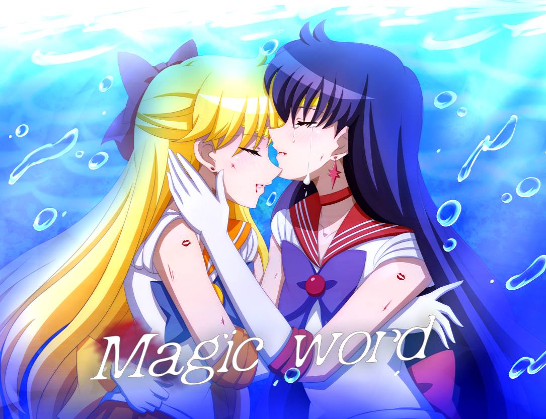 2girls aino_minako bishoujo_senshi_sailor_moon black_hair blonde_hair blue_eyes bow choker circlet earrings elbow_gloves gloves hair_bow halloween hino_rei inner_senshi jewelry kumax5 long_hair miniskirt multiple_girls orange_skirt outstretched_hand pleated_skirt red_skirt sailor_collar sailor_mars sailor_senshi sailor_venus skirt white_background white_gloves yuri