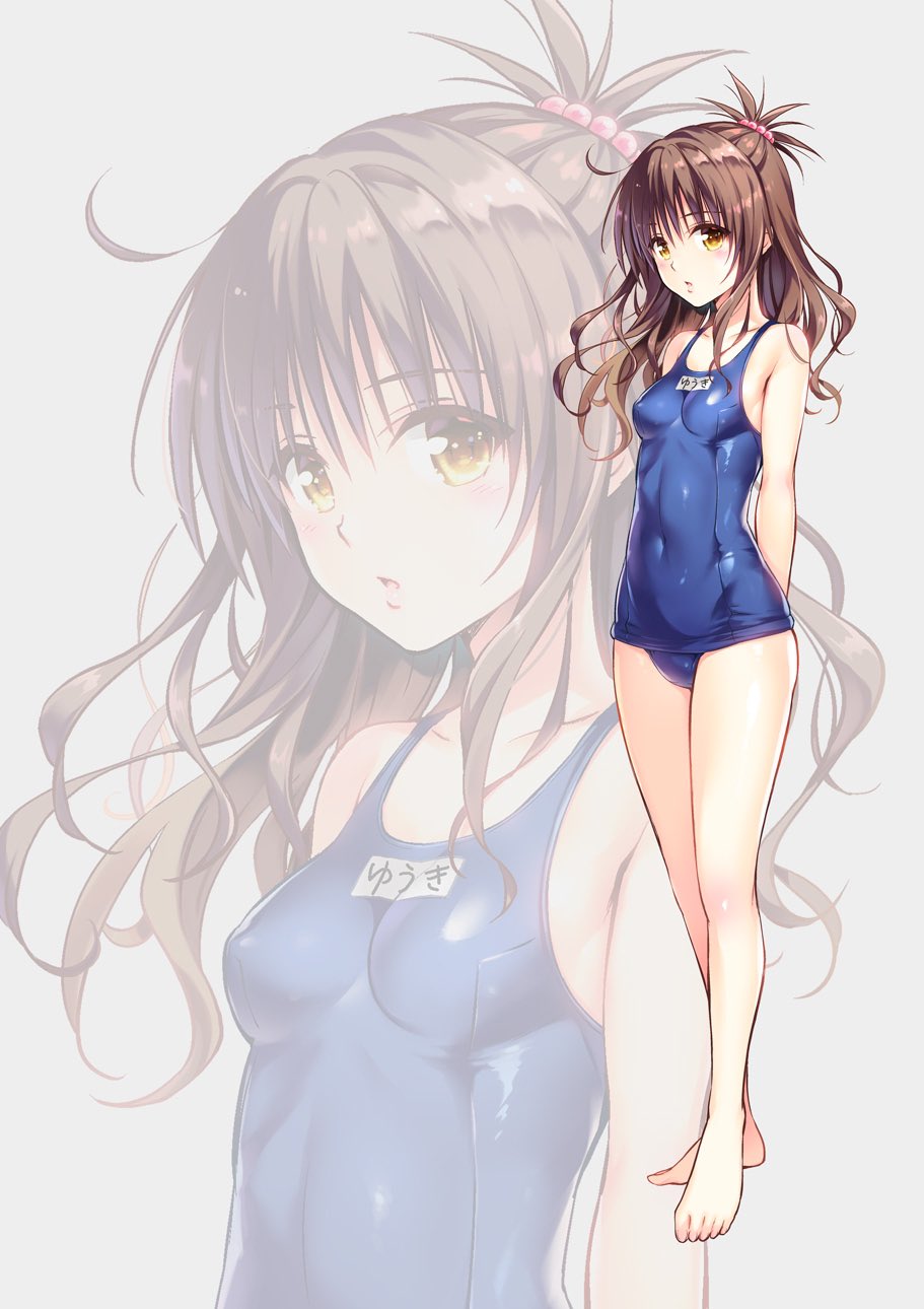 1girl :o arms_behind_back bangs bare_arms bare_legs bare_shoulders barefoot blue_swimsuit blush breasts brown_hair collarbone commentary_request competition_school_swimsuit covered_navel eyebrows_visible_through_hair full_body hair_bobbles hair_ornament highres long_hair looking_at_viewer medium_breasts name_tag parted_lips solo standing swimsuit to_love-ru very_long_hair yabuki_kentarou yellow_eyes yuuki_mikan zoom_layer