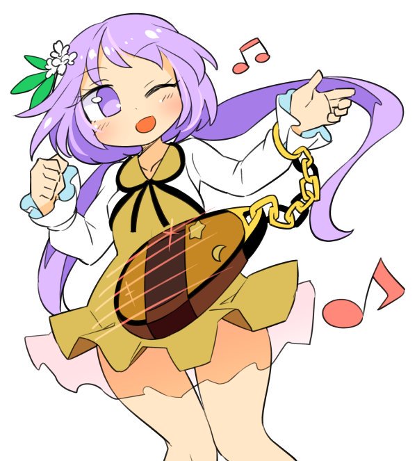 1girl beamed_eighth_notes biwa_lute blush brown_dress chain dress eighth_note eyebrows_visible_through_hair feet_out_of_frame flower hair_flower hair_ornament ini_(inunabe00) instrument knees_together_feet_apart long_hair long_sleeves low_twintails lute_(instrument) musical_note one_eye_closed open_mouth purple_hair simple_background smile solo touhou tsukumo_benben twintails violet_eyes white_background white_flower
