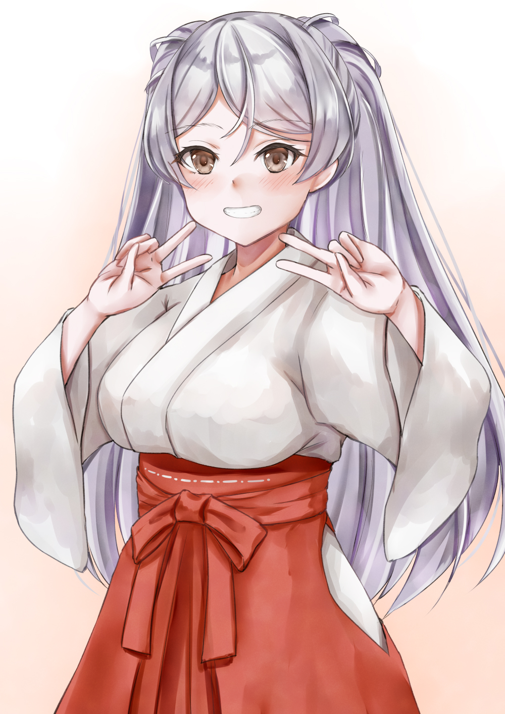 1girl breasts brown_eyes conte_di_cavour_(kancolle) double_v hakama highres hip_vent japanese_clothes kantai_collection kimono koru_pera large_breasts long_hair miko official_alternate_costume red_hakama silver_hair smile solo two_side_up v white_kimono wide_sleeves
