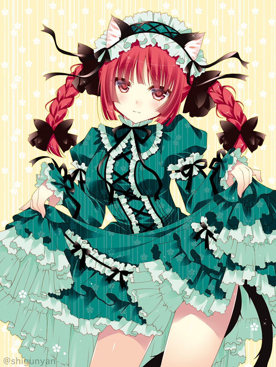 1girl :3 animal_ears artist_name bamboo black_bow black_ribbon bow braid cat_ears cat_tail clothes_lift dress dress_lift floral_background floral_print flower green_dress green_headwear juliet_sleeves kaenbyou_rin legs lifted_by_self long_sleeves multiple_tails patterned_background puffy_sleeves red_eyes redhead ribbon shigunyan shiny shiny_skin signature solo striped striped_background striped_dress tail touhou twin_braids two_tails yellow_background