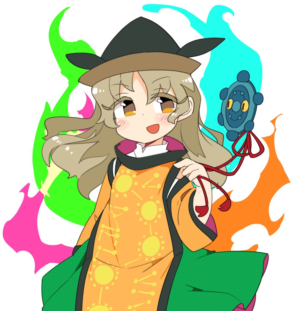 1girl aura black_headwear blonde_hair blush constellation_print eyebrows_visible_through_hair fewer_digits green_skirt hat ini_(inunabe00) long_hair matara_okina open_mouth orange_sleeves simple_background skirt smile solo tabard touhou upper_body white_background wide_sleeves yellow_eyes