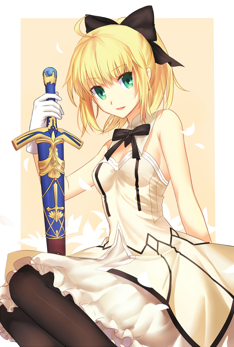 1girl absurdres ahoge armor armored_boots armored_dress artoria_pendragon_(all) bangs black_bow blonde_hair blush boots bow breastplate caliburn caliburn_(fate) dress eyebrows_visible_through_hair fate/grand_order fate/unlimited_codes fate_(series) gauntlets green_eyes hair_between_eyes hair_bow highres holding holding_sword holding_weapon long_hair parted_lips ponytail saber_lily scan shichiya_umi sidelocks solo standing sword weapon white_dress