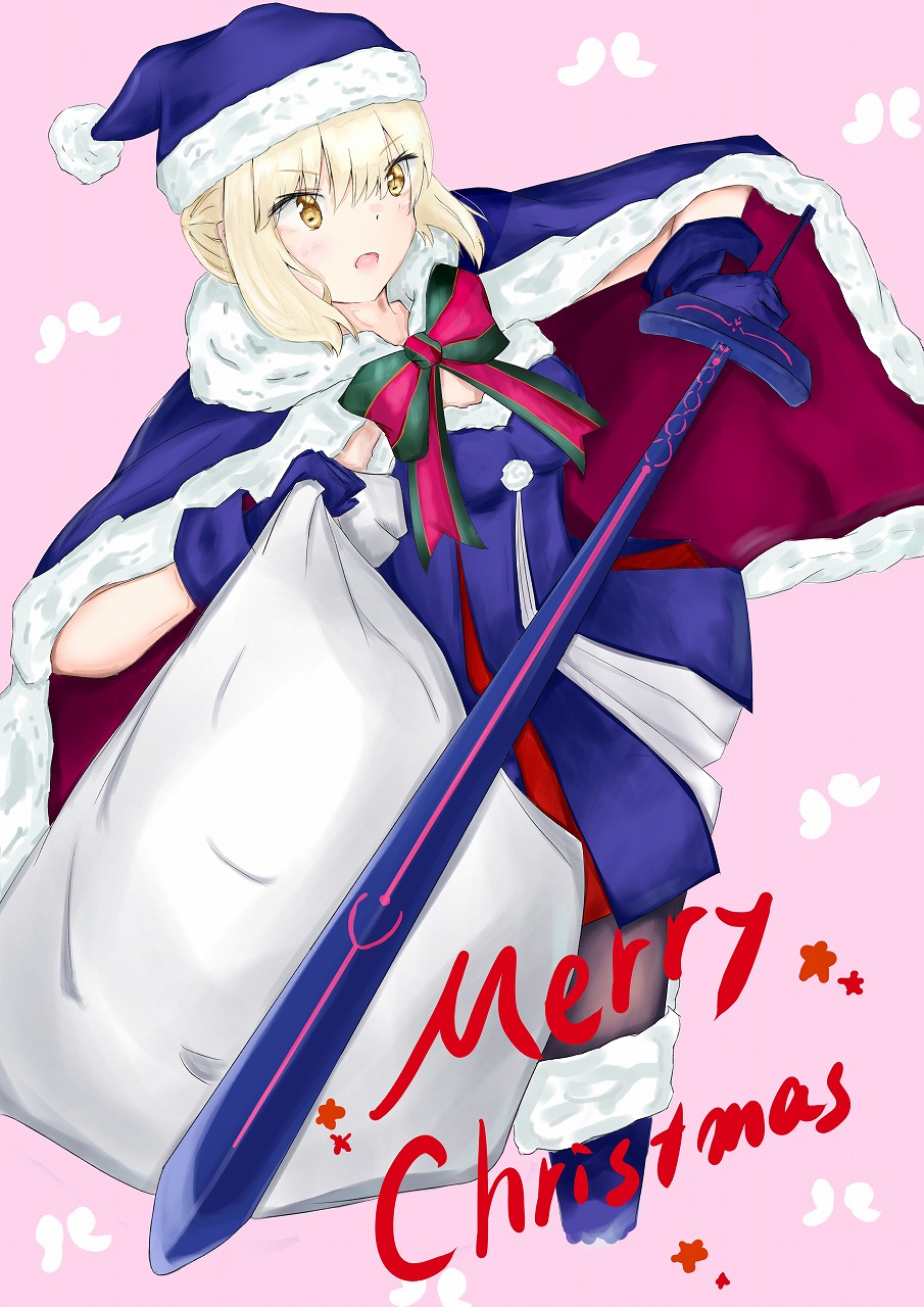 1girl aoikurora artoria_pendragon_(all) ass bangs black_legwear blonde_hair blue_cloak blue_dress blue_gloves blue_headwear blurry blurry_background breasts brown_eyes christmas christmas_lights christmas_tree cloak commentary_request depth_of_field dress dutch_angle eyebrows_visible_through_hair fate/stay_night fate_(series) fur-trimmed_cloak fur-trimmed_hood fur_trim gloves hair_between_eyes hat highres holding holding_sack hood hood_down hooded_cloak medium_breasts merry_christmas pantyhose saber_alter sack santa_costume santa_hat solo