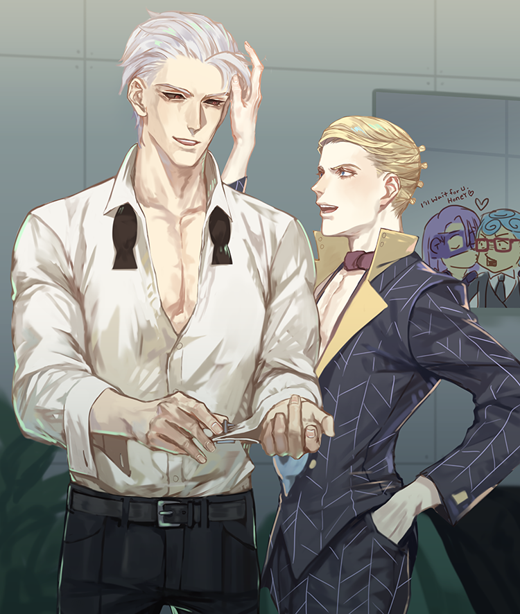 4boys black_sclera blonde_hair blue_eyes blue_hair colored_sclera dress_shirt dressing formal ghiaccio grey_hair hand_in_pocket jojo_no_kimyou_na_bouken male_focus melone multiple_boys prosciutto purple_hair red_eyes risotto_nero shirt silver_hair suit vento_aureo wrist_cuffs yepnean