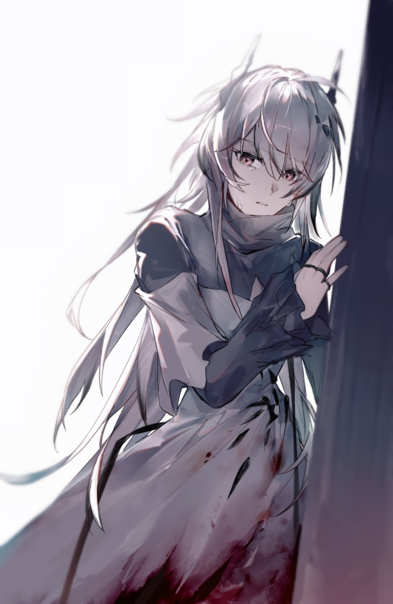 1girl against_wall arknights bangs blood blood_on_clothes cheonyeon-hi crying crying_with_eyes_open dress eyebrows_visible_through_hair hair_between_eyes highres horns jewelry long_hair long_sleeves multiple_rings parted_lips red_eyes ring silver_hair simple_background solo tears theresa_(arknights) very_long_hair white_background white_dress