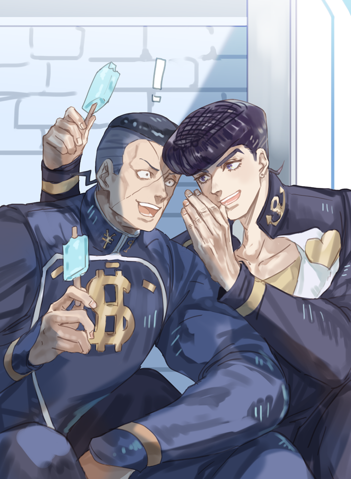 ! 2boys anchor black_hair diamond_wa_kudakenai dollar_sign facial_mark food gakuran grey_hair heart higashikata_josuke jojo_no_kimyou_na_bouken male_focus multicolored_hair multiple_boys nijimura_okuyasu peace_symbol pompadour popsicle school_uniform squatting two-tone_hair yen_sign yepnean