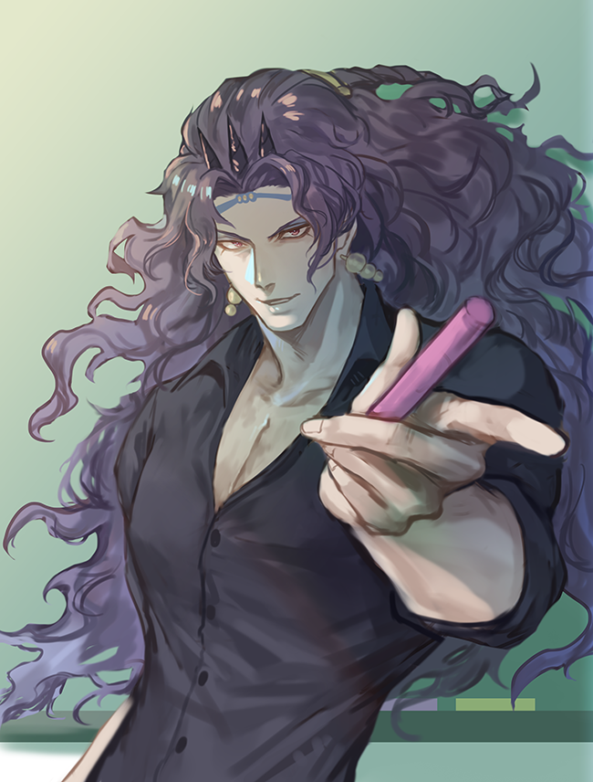 1boy battle_tendency black_shirt chalk chalkboard dress_shirt earrings eyeshadow horns jewelry jojo_no_kimyou_na_bouken kars_(jojo) long_hair makeup male_focus muscular muscular_male pectoral_cleavage pectorals purple_hair red_eyes shirt solo teacher tight wavy_hair yepnean