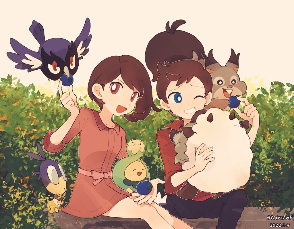 1boy 1girl :d alternate_eye_color bangs berry_(pokemon) blipbug blue_eyes bright_pupils brown_eyes brown_hair budew commentary_request dated eyelashes feeding gloria_(pokemon) holding jiugong_chi looking_at_viewer open_mouth oran_berry pants pokemon pokemon_(creature) pokemon_(game) pokemon_swsh red_shirt rookidee shirt short_hair sitting skwovet smile tongue twitter_username victor_(pokemon) white_pupils wooloo