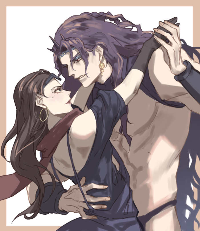 1boy 1girl arm_around_waist battle_tendency black_hair blue_eyes brown_hair dancing dress earrings gloves hand_on_another's_back hoop_earrings horns jewelry jojo_no_kimyou_na_bouken kars_(jojo) lisa_lisa long_hair muscular muscular_male off-shoulder_dress off_shoulder scarf tango topless_male wavy_hair yepnean