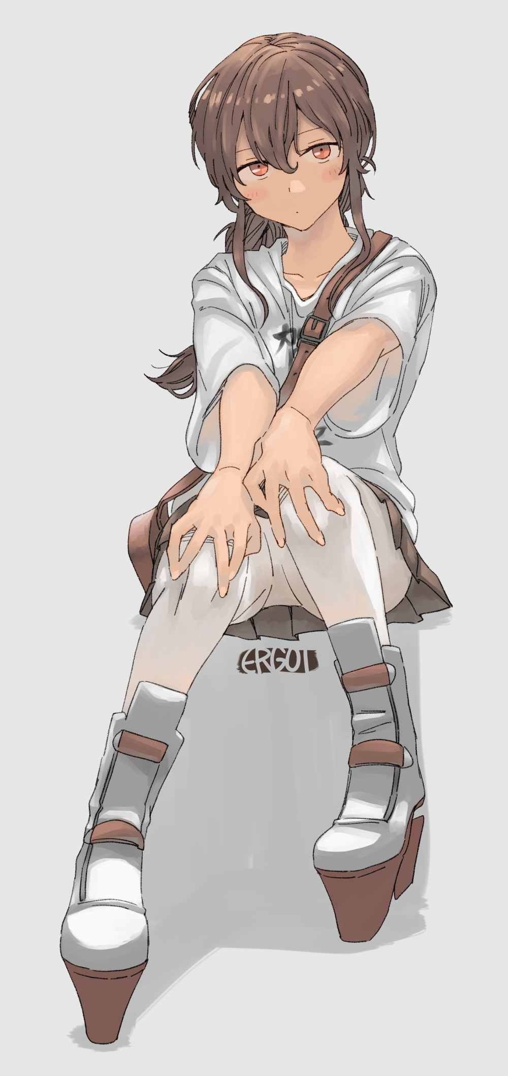 1girl artist_name brown_hair brown_skirt clothes_writing commentary_request ergot highres kantai_collection long_hair low_ponytail official_alternate_costume orange_eyes pleated_skirt shirt simple_background sitting skirt solo souya_(kancolle) t-shirt white_background white_footwear white_shirt