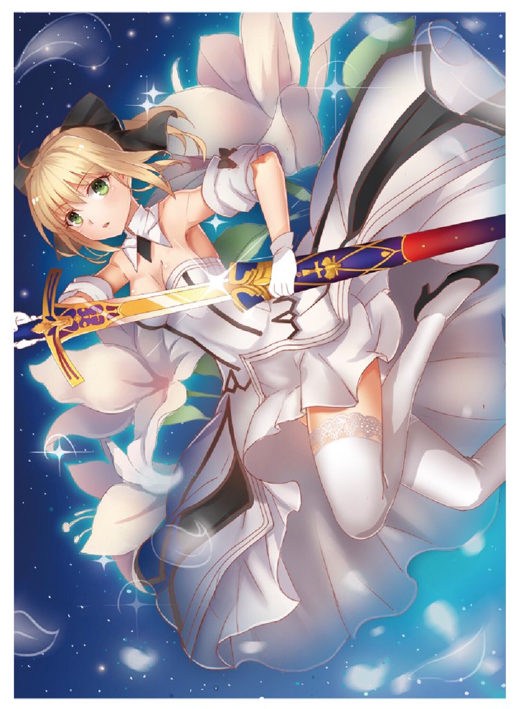 1girl armor armored_dress artoria_pendragon_(all) azmatic__heaven black_bow blonde_hair blue_sky bow breastplate caliburn dress eyebrows_visible_through_hair fate/grand_order fate/unlimited_codes fate_(series) faulds floating_hair gauntlets green_eyes hair_between_eyes hair_bow hands_on_hilt highres long_hair looking_at_viewer outdoors petals ponytail saber_lily signature sleeveless sleeveless_dress smile solo standing white_dress