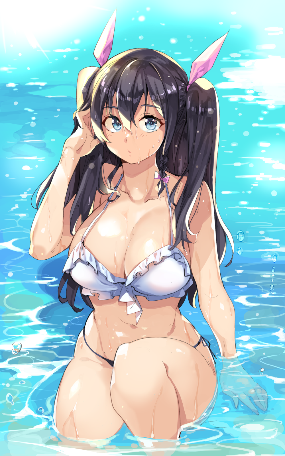 1girl bikini black_hair blue_eyes breasts closed_mouth ddolggol frilled_bikini frills hair_between_eyes hair_ribbon highres large_breasts long_hair looking_at_viewer original partially_submerged pool ribbon solo swimsuit tress_ribbon two_side_up wet wet_hair white_bikini