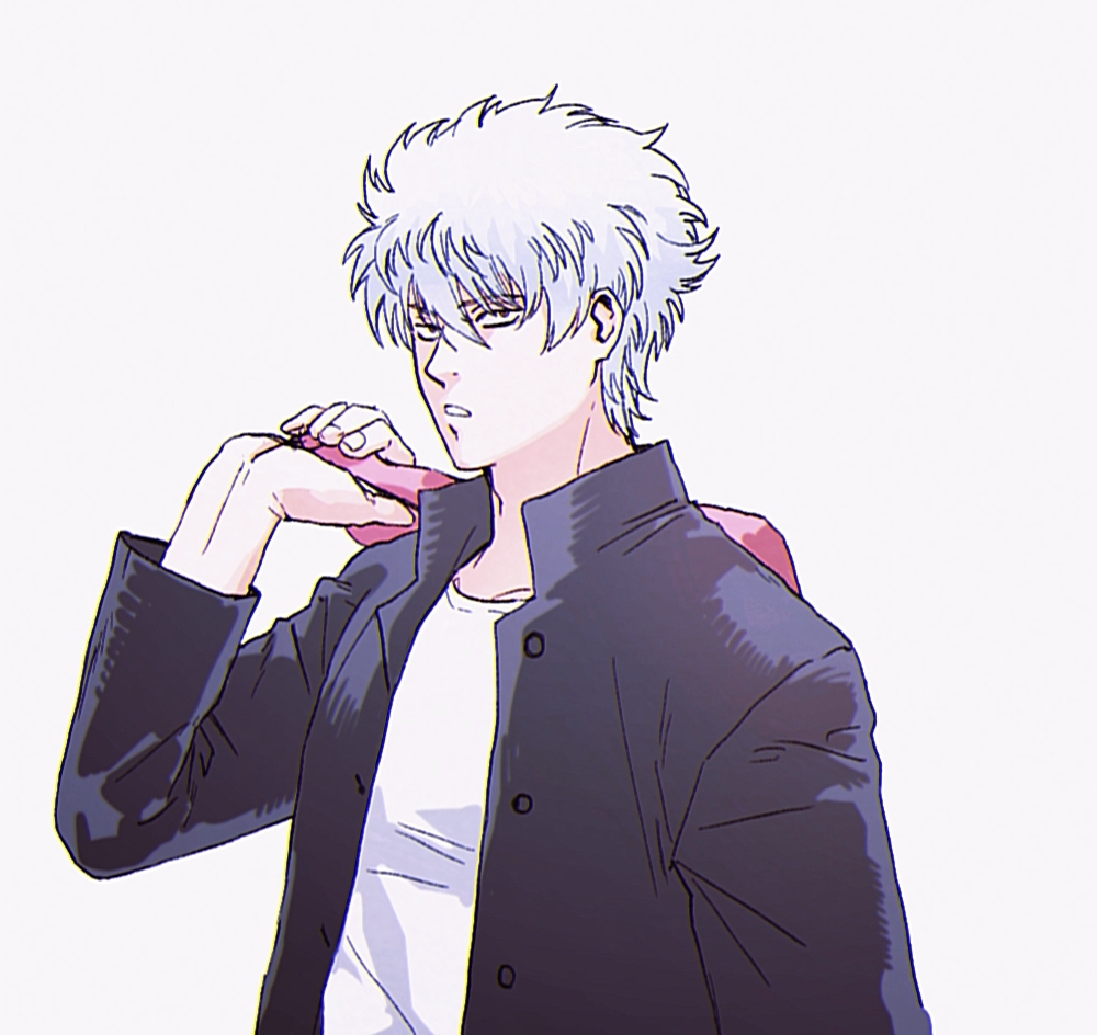 1boy bag bangs black_eyes black_jacket buttons chinese_commentary collarbone commentary_request eyebrows_visible_through_hair gintama godzillapigeon1 hair_between_eyes hand_up holding holding_bag jacket long_sleeves male_focus open_clothes open_jacket parted_lips sakata_gintoki shirt short_hair sidelocks simple_background solo teeth upper_body white_background white_hair white_shirt