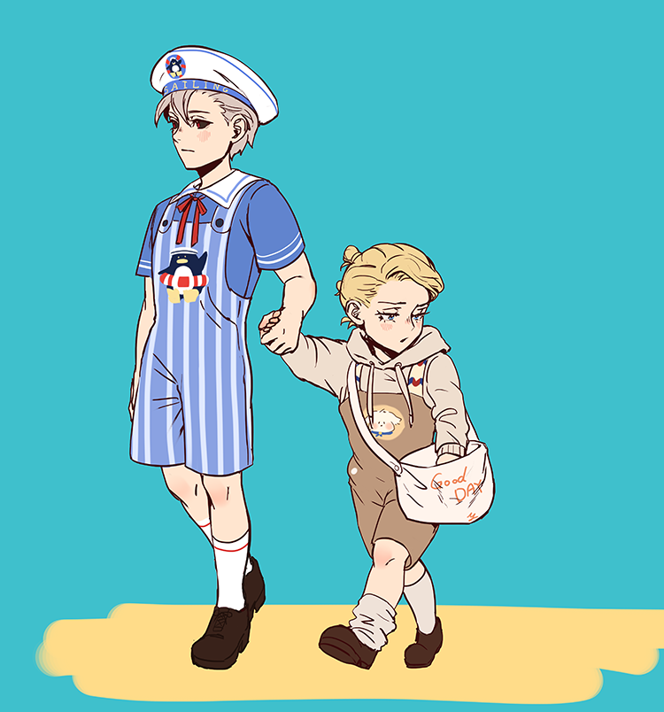 2boys asymmetrical_legwear bag black_sclera blonde_hair blush bookbag child colored_sclera grey_hair hat holding_hands hood hoodie jojo_no_kimyou_na_bouken male_focus multiple_boys overalls pinstripe_pattern prosciutto risotto_nero sailor_hat striped vento_aureo yepnean younger