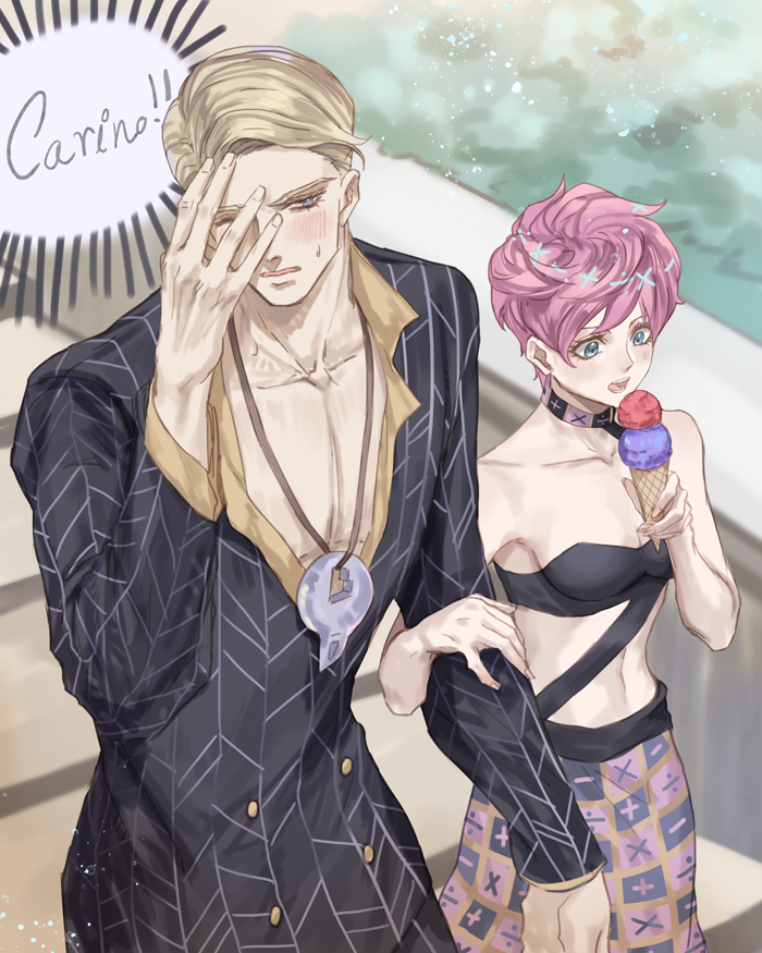 1boy 1girl blonde_hair blue_eyes blush covering_face food formal holding_another's_arm ice_cream italian_text jewelry jojo_no_kimyou_na_bouken midriff necklace pink_hair prosciutto short_hair skirt suit trish_una vento_aureo yepnean