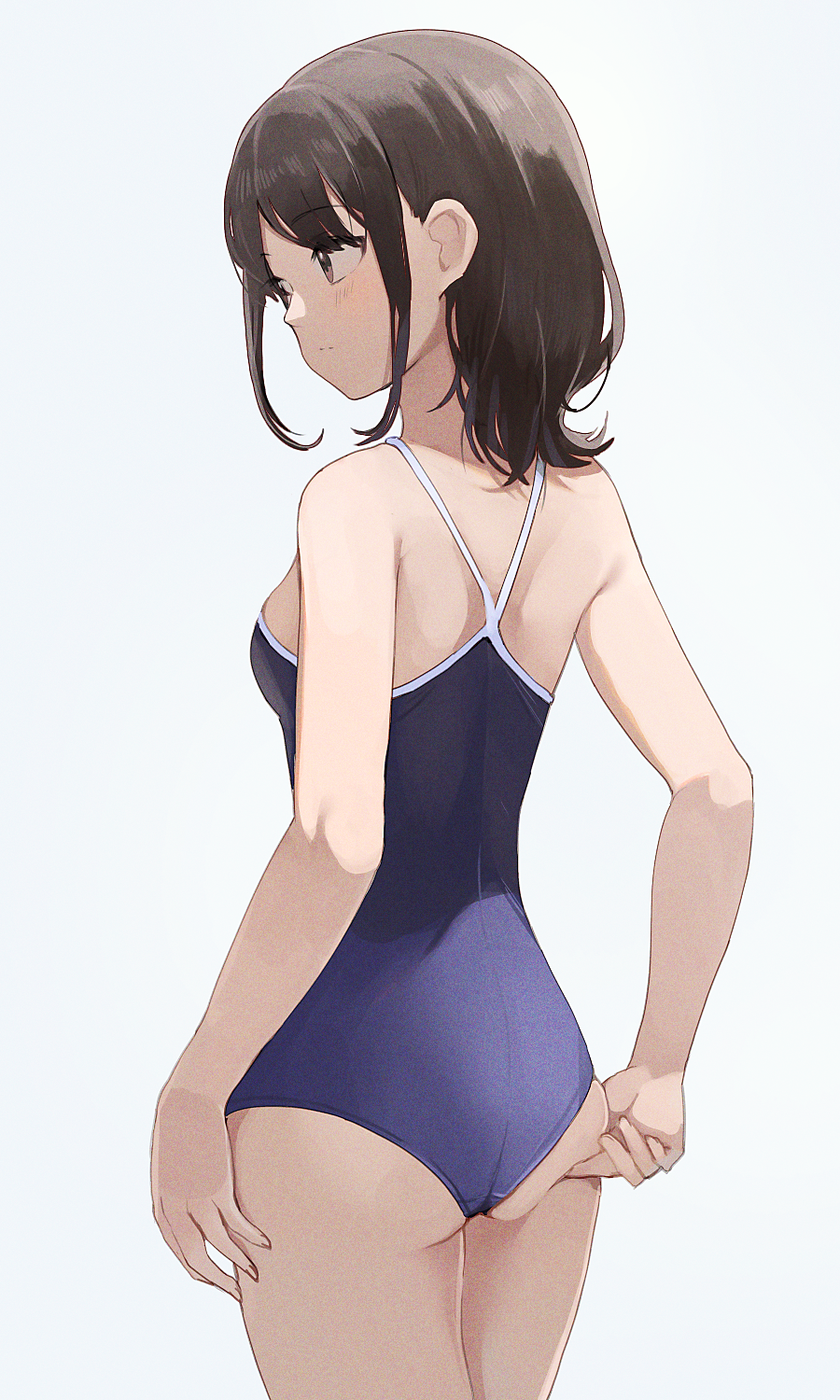 1girl ass ass_pinch ass_support bangs blue_swimsuit breasts brown_eyes brown_hair closed_mouth cowboy_shot eyebrows_visible_through_hair film_grain from_behind hands_on_own_ass highres hiroki_(yyqw7151) light_blush looking_to_the_side medium_breasts medium_hair one-piece_swimsuit original pinching sidelocks simple_background solo standing swimsuit white_background