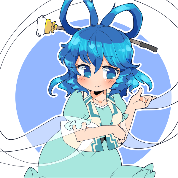 1girl blue_dress blue_eyes blue_hair blush closed_mouth collarbone dress drill_locks eyebrows_visible_through_hair frilled_sleeves frills hagoromo hair_between_eyes hair_ornament hair_rings hair_stick ini_(inunabe00) kaku_seiga medium_hair open_clothes open_vest puffy_short_sleeves puffy_sleeves shawl short_sleeves smile solo touhou upper_body vest white_vest