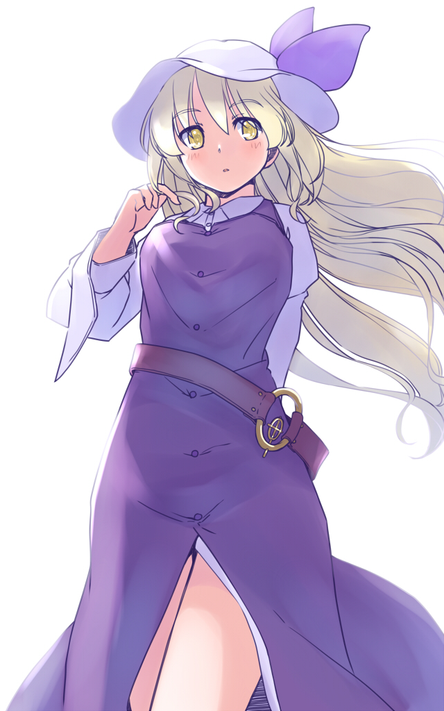 1girl belt blonde_hair blush brown_belt buttons collared_shirt dress eyebrows_visible_through_hair feet_out_of_frame hair_between_eyes hat long_hair long_sleeves loose_belt one-hour_drawing_challenge parted_lips pinafore_dress purple_dress rangycrow shirt simple_background single_strap solo touhou watatsuki_no_toyohime white_background white_headwear white_shirt yellow_eyes