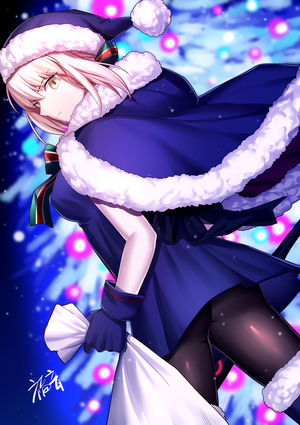 1girl artoria_pendragon_(all) ass bangs black_legwear blonde_hair blue_cloak blue_dress blue_gloves blue_headwear blurry blurry_background breasts brown_eyes christmas christmas_lights christmas_tree cloak commentary_request depth_of_field dress dutch_angle eyebrows_visible_through_hair fate/stay_night fate_(series) fur-trimmed_cloak fur-trimmed_hood fur_trim gloves hair_between_eyes hat highres holding holding_sack hood hood_down hooded_cloak may_yoiiiii medium_breasts pantyhose saber_alter sack santa_costume santa_hat solo