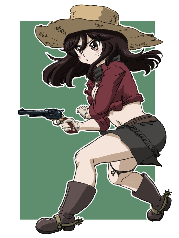 1girl aiming belle_(girls_und_panzer) black_footwear black_hair black_skirt boots brown_eyes brown_headwear commentary_request cowboy_boots front-tie_top frown girls_und_panzer gloves green_background grey_gloves gun hat holding holding_gun holding_weapon long_hair long_sleeves looking_to_the_side midriff miniskirt navel outline outside_border parted_lips partial_commentary purple_shirt revolver shirt skirt solo spurs standing straw_hat takahashi_kurage thigh_strap weapon white_outline