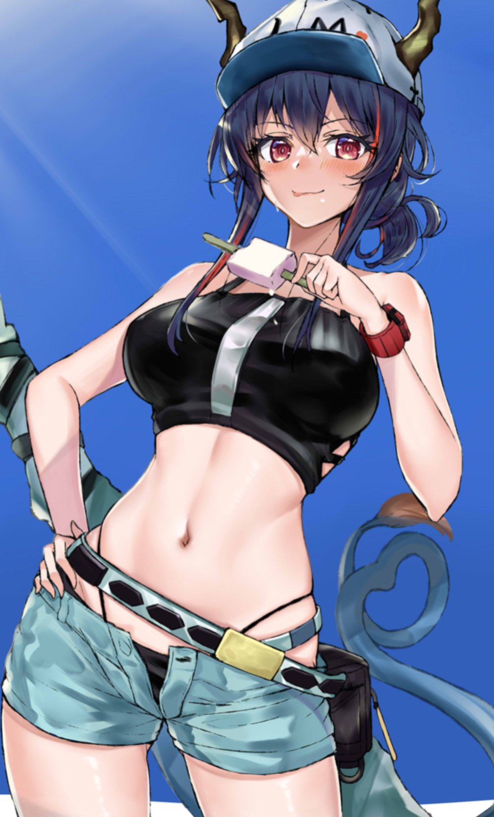 1girl :p arknights bangs bare_shoulders baseball_cap belt belt_pouch bikini black_bikini black_hair blue_shorts blue_sky blush breasts ch'en_(arknights) closed_mouth cowboy_shot day dragon_girl dragon_horns dragon_tail eyebrows_visible_through_hair female_tourist_c_(arknights) food hand_on_hip hat heart heart_tail highres holding holding_food horns horns_through_headwear large_breasts light_rays long_hair looking_at_viewer multicolored_hair navel open_fly outdoors popsicle pouch red_eyes redhead short_ponytail shorts sky smile solo srpzk stomach streaked_hair sunbeam sunlight swimsuit tail tongue tongue_out two_side_up watch watch white_headwear