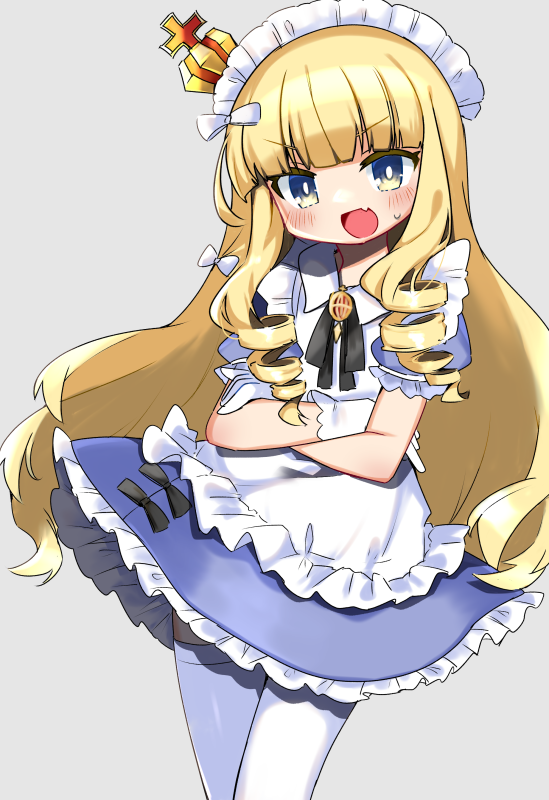 1girl azur_lane blonde_hair blue_eyes blush commentary_request crossed_arms crown fang gloves grey_background hair_ribbon kotobacchi-jp looking_at_viewer maid maid_headdress open_mouth queen_elizabeth_(azur_lane) ribbon simple_background solo thigh-highs white_legwear