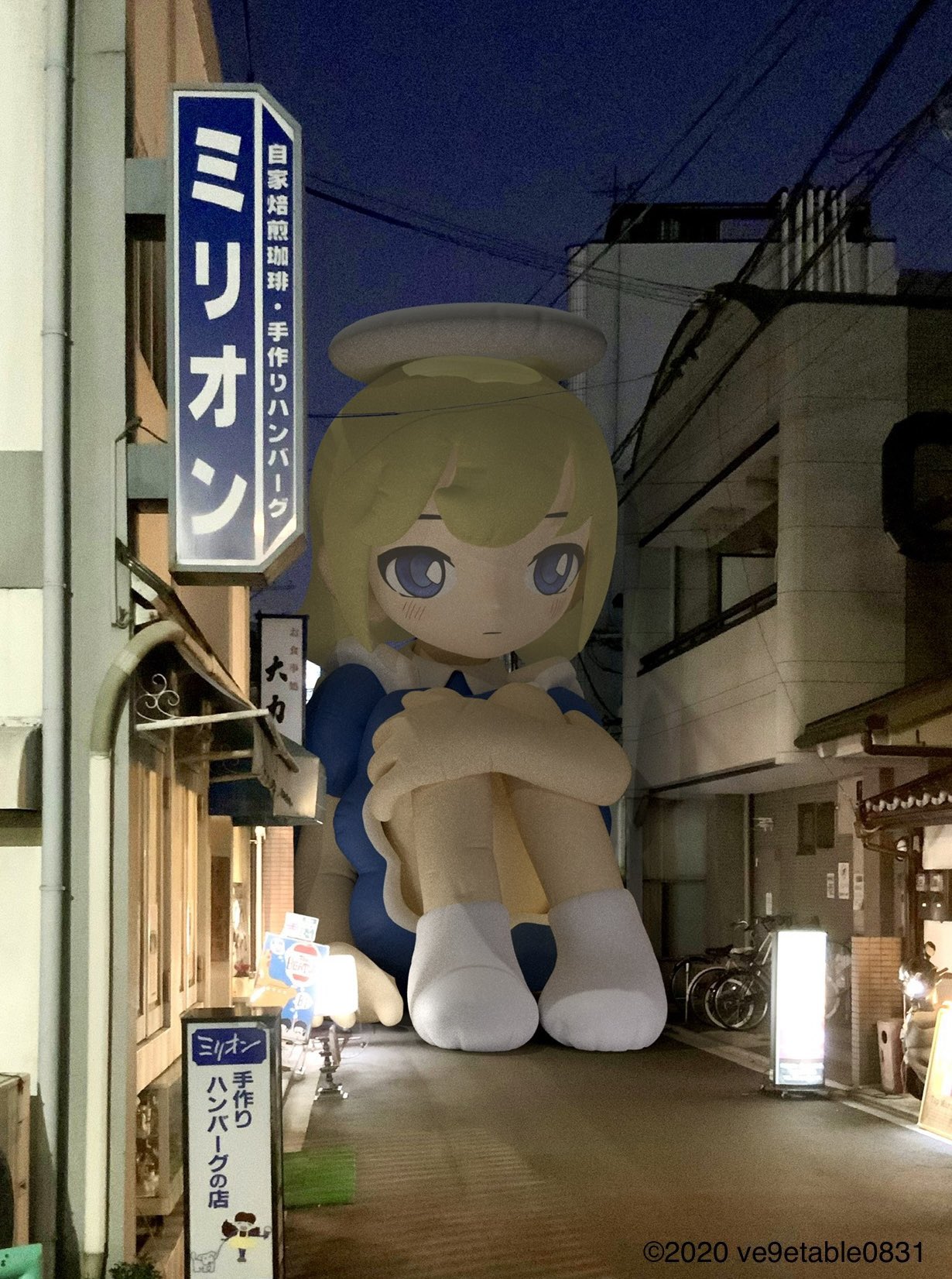 1girl 2020 blonde_hair blue_dress blue_eyes blush copyright_request dress halo highres inflatable_toy knees_up lamppost light night night_sky oversized_object photo_background photorealistic short_hair sitting sky solo ve9etable0831