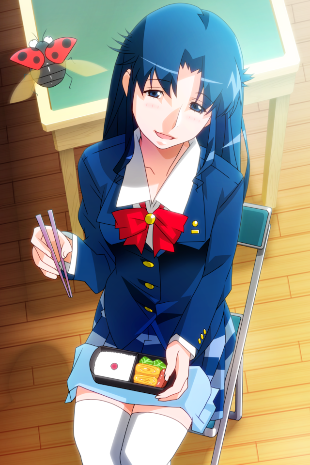 1girl blue_eyes blue_hair feet_out_of_frame from_above fujiwara_aya long_hair on_chair school_uniform sitting solo super_real_mahjong tanaka_ryou wooden_floor