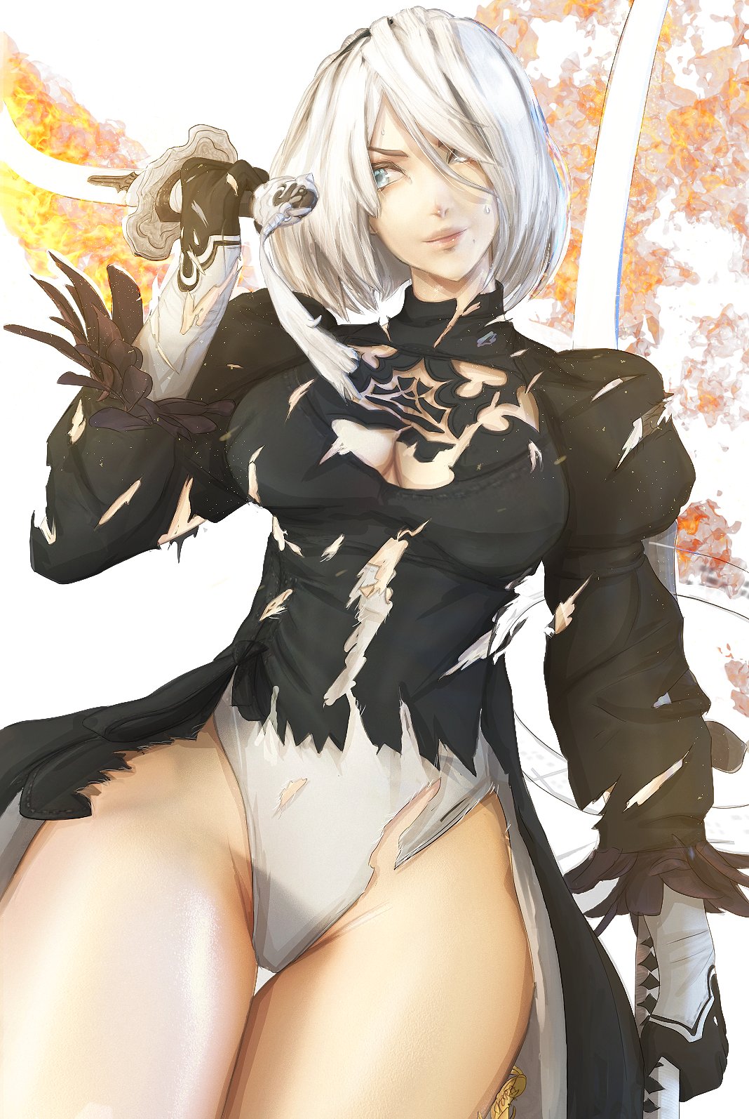 1girl black_dress breasts cropped_legs dress feather-trimmed_sleeves feather_trim flaming_sword flaming_weapon gloves hair_over_one_eye highres juliet_sleeves leotard lips long_sleeves medium_breasts nier_(series) nier_automata puffy_sleeves smile stormyorha thighs torn_clothes torn_dress torn_leotard virtuous_contract white_background white_gloves white_leotard yorha_no._2_type_b