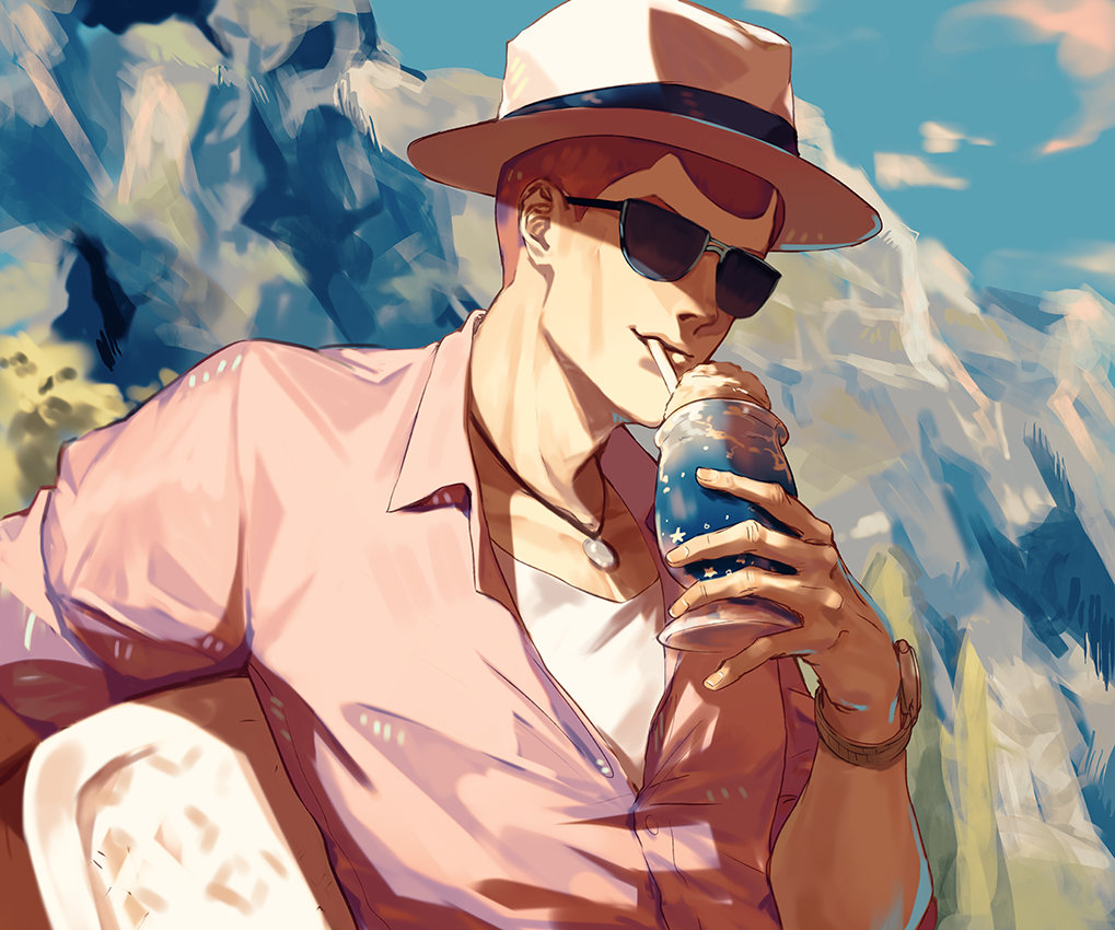 1boy brown_hair buzz_cut cocktail_glass cup drinking_glass drinking_straw fedora formaggio grin hat jewelry jojo_no_kimyou_na_bouken male_focus mountain necklace pink_shirt redhead shirt short_hair smile solo sunglasses very_short_hair yepnean