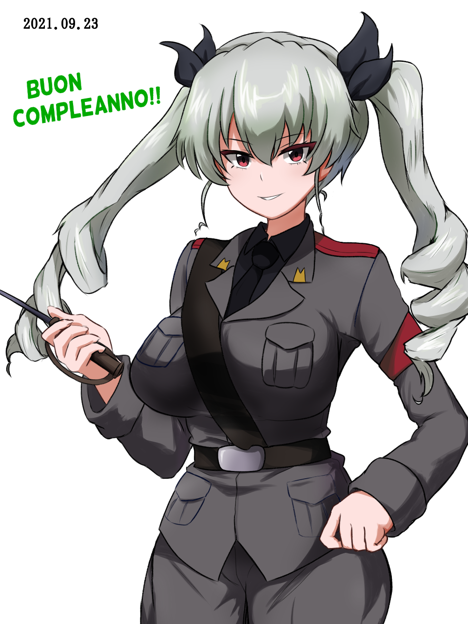 1girl anchovy_(girls_und_panzer) anzio_military_uniform armorganger bangs belt black_necktie closed_mouth cowboy_shot dated drill_hair eyebrows_visible_through_hair girls_und_panzer green_hair grey_pants hand_on_hip happy_birthday highres holding italian_text long_hair looking_at_viewer necktie pants red_eyes riding_crop sam_browne_belt simple_background smile solo standing twin_drills twintails white_background